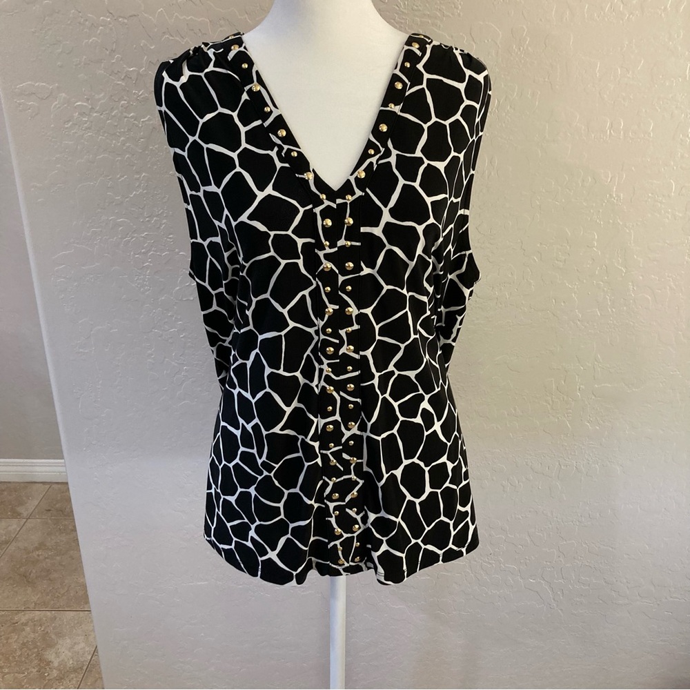 INC Black White Print Sleeveless Top Gold Embellishments Size L